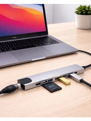 AyrStore Type C Hub Çoklayıcı 8 Port USB HDMI RJ45 Kart Okuyucu