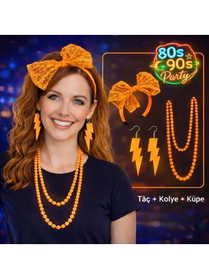 Gees Global 80’ler 90’lar Neon Turuncu Parti Seti – Kolye Küpe Taç