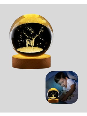 Semel LED Işıklı Geyikli Kristal Küre Ahşap Standlı Modern Dekor Lamba
