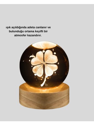 Gees Global USB Bağlantılı Yonca Bitkili Cam Küre Ahşap Altlıklı Dekoratif Lamba
