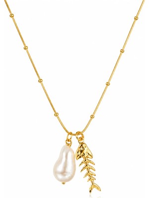 Lovecharm Gold Renk Barok Inci ve Balık Iskeleti Figürlü Kadın Kolyesi