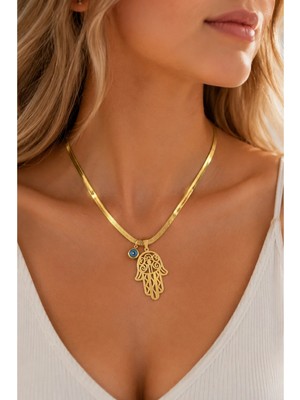 Lovecharm Gold Renk Fatma Ana Eli ve Nazar Boncuklu Yassı Zincir Kadın Kolyesi