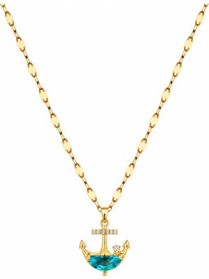 Poseidons Jewellery Çelik Zirkon Taşlı Çapa Figürlü Yeşil Taş Detaylı Kadın Kolye