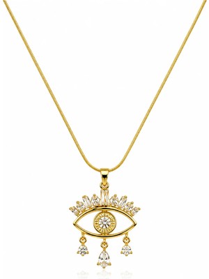 Gold Renk Göz Figürlü Zirkon Taşlı Sallantı Detaylı Kadın Kolyesi