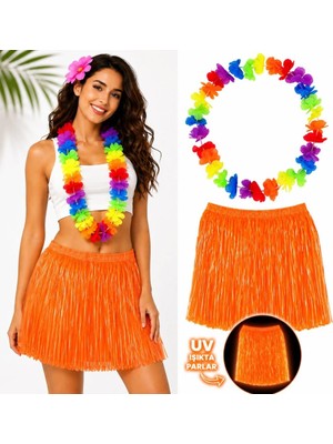 Ematcrt Mey Ithalat® Neon Turuncu Hawaii Etek 40 cm ve Rengarenk Hawaii Kolye
