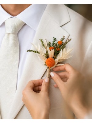 Jujü Atölye Turuncu Krem Damat Yaka Çiçeği, Düğün Yaka Çiçeği