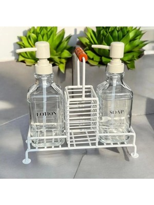Krem 2’li Metal Standlı Cam Sıvı Sabun ve Sabunluk 500 ml Krem