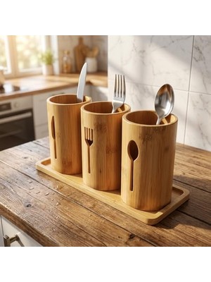3'lü Doğal Bambu Kaşıklık Seti - Ahşap Standlı Tezgah Üstü Çatal Kaşık Bıçak Düzenleyici Şık Mutfak Organizeri (Stand: 33X13X2 Cm/kaşıklık: 10X12 Cm)