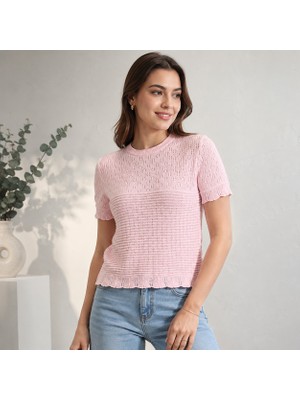Novalisse Dantel Detay Ajurlu Kısa Kol Bisiklet Yaka Triko Bluz - Pembe