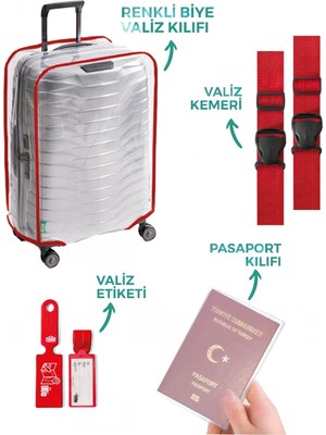 Trink Çanta Şeffaf Valiz Kılıfı Seti (Valiz Kılıfı-Valiz Kemeri-Valiz Etiketi-Pasaport Kılıfı) * Kırmızı Biye *
