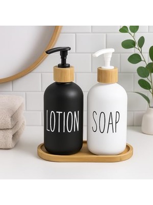 2’li Cam Sıvı Sabunluk ve Losyonluk Seti | 500 ml Siyah & Beyaz Boyalı Cam | Bambu Kapak ve Ahşap Altlıklı Banyo Seti | Şık ve Dayanıklı Tasarım