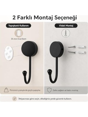 Lotus Siyah Tekli Askılık, Yapışkanlı ve Vidalı Montajlı Duvar Askısı, Mat Siyah Statik Boyama, Banyo Mutfak ve Antre Için Çok Amaçlı Askı