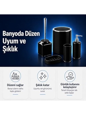 5li Banyo Seti, Beş Parça Düzenleyici, 5 Litre Çöp Kovası, Tuvalet Fırçası, Sıvı ve Katı Sabunluk, Diş Fırça ve Macunu Kutusu (Siyah)