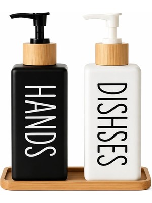 Minimalist Bambu Tepsili Siyah Beyaz Sabunluk ve Deterjan Dispenser Seti, Mutfak, Banyo ve Lavabo Için Şık, Dayanıklı, Kaymaz Tabanlı, Geniş Ağızlı, Kolay Dolumlu Sıvı Sabunluk & Bulaşık Deterjan Şiş