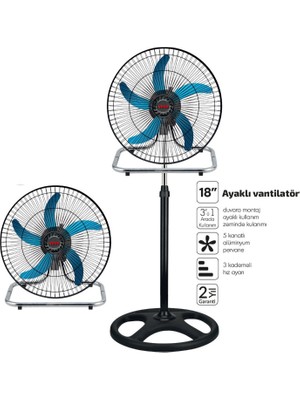 Sanayi Tipi Ayaklı Vantilatör - 5 Metal Kanatlı - 18 Inç 46 cm