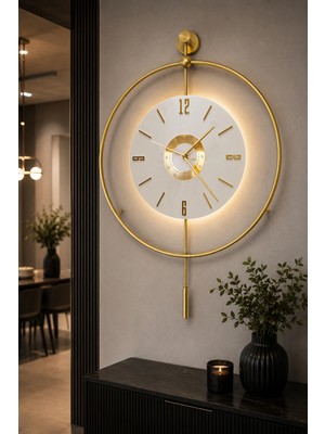Sevinç Konsept Led'li Gold Orbit Orjin 24 (Büyük Boy 50 x 75 Cm), Modern Dekoratif Sarkaçlı Metal Duvar Saati