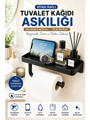Open City Siyah Yapışkanlı Raflı Tuvalet Kağıdı Askılığı Delmeden Montaj Banyo Organizer Telefon Rafı Askısı