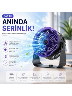 Masaüstü Vantilatör, Şarjlı Masaüstü Fan, 1200 Mah Batarya, Uzun Kullanım Süresi, 4 Kademeli Ayarlanır Güç Modu, Soğutucu Vantilatör, Sessiz Çalışma, Ergonomik Tasarım, Masaüstü Kullanım