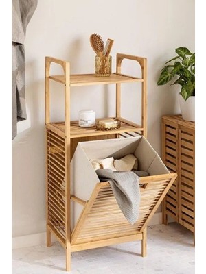 2 Organizer Raflı Ahşap Bambu Çek-Aç Kirli Sepeti