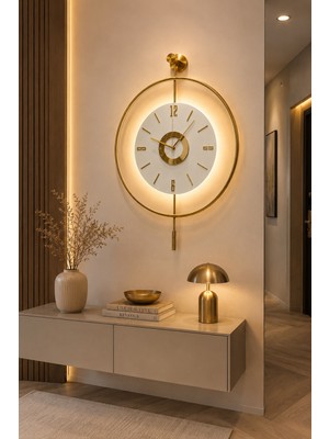Sevinç Konsept Ledli Gold Orjin 24 (Büyük Boy 45 x 65 Cm), Modern Dekoratif Sarkaçlı Metal Duvar Saati