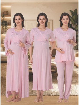 Dvina Effortt Lohusa Hamile Sabahlık/ Gecelik/ Kısa Kollu Pijama Takımı - 4'lü Set - Pembe