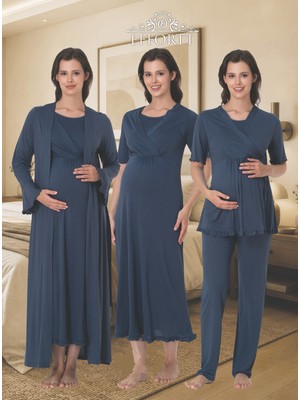 Dvina Effortt Lohusa Hamile Sabahlık/ Gecelik/ Kısa Kollu Pijama Takımı - 4'lü Set - Indigo