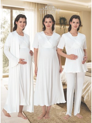 Dvina Effortt Lohusa Hamile Sabahlık/ Gecelik/ Kısa Kollu Pijama Takımı - 4'lü Set - Ekru