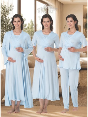 Dvina Effortt Lohusa Hamile Sabahlık/ Gecelik/ Kısa Kollu Pijama Takımı - 4'lü Set - Mavi