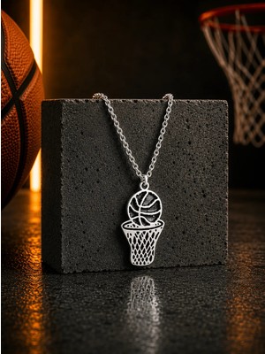 Basketbol Topu Ve Pota Parlak  Tasarım Unisex 925 Ayar Gümüş Kolye, Spor Takıları
