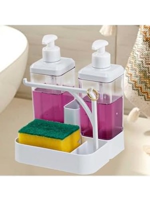 Ikili Sıvı Sabunluk ve Seti - Yüzük Bez Askılı Sünger Hazneli 2X350 ml 2li Sıvı Sabunluk