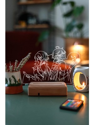 Modiwa Design Lumine & Aether - Genshin Impact 16 Renk Uzaktan Kumandalı 3D Ahşap Gece Lambası Hediyelik