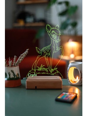 Modiwa Design Bambi Walt Disney Çocuklara 16 Renk Uzaktan Kumandalı 3D Ahşap Gece Lambası Hediyelik