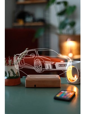 Modiwa Design Audi R8 16 Renk Uzaktan Kumandalı 3D Ahşap Gece Lambası Hediyelik