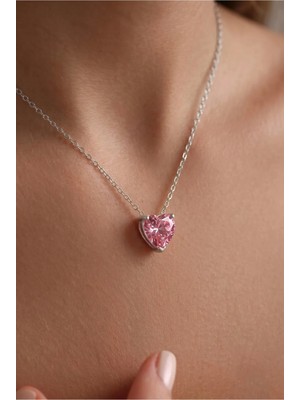 Minon - Pembe Kalp Romantik Kesim Tektaş Kolye - 925 Ayar Gümüş