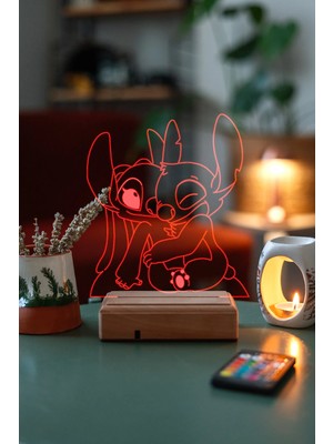 Modiwa Design Stitch & Angel Lilo And Stitch 16 Renk Uzaktan Kumandalı 3D Ahşap Gece Lambası Hediyelik