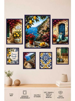 UNT Amalfi Limon Bahçesi ve Italyan Sahil Manzarası 7 Parça Mdf Tablo Seti | Uv Baskılı Dekoratif Duvar Tablosu / Çerçeve Görünümlü