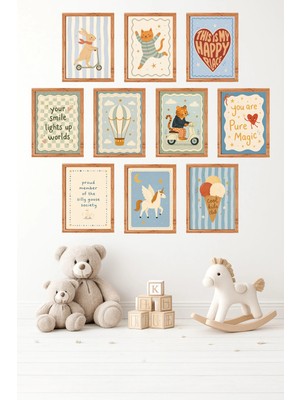 UNT 10'lu Çerçeve Görünümlü Pastel | Bebek Odası | Nursery, Tiger Tablo Seti 15X20 cm Mdf Uv Baskı