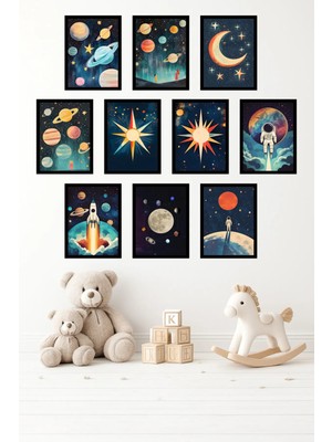 UNT 10'lu Çerçeve Görünümlü Uzay, Astronot, Gezegen, Bebek, Çocuk Odası Tablo Seti 15X20 cm Mdf Uv Baskı
