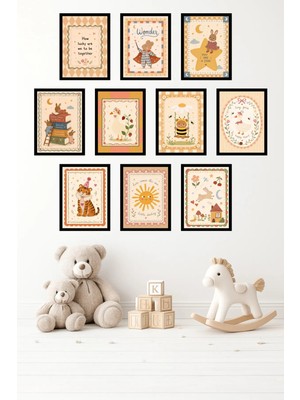 UNT 10'lu Çerçeve Görünümlü Pastel | Bebek Odası | Nursery, Minimalist, Vintage Tablo Seti 15X20 cm Mdf Uv Baskı