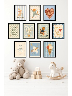 UNT 10'lu Çerçeve Görünümlü Pastel | Bebek Odası | Nursery, Tiger Tablo Seti 15X20 cm Mdf Uv Baskı