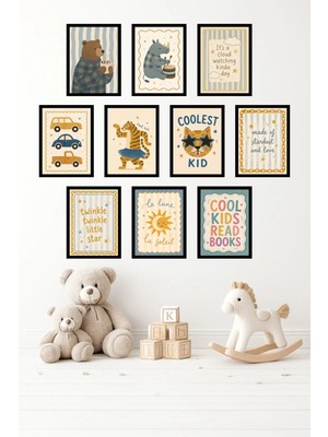 UNT 10'lu Çerçeve Görünümlü Pastel | Bebek Odası | Nursery , Teddy Bear & Tiger Tablo Seti 15X20 cm Mdf Uv Baskı