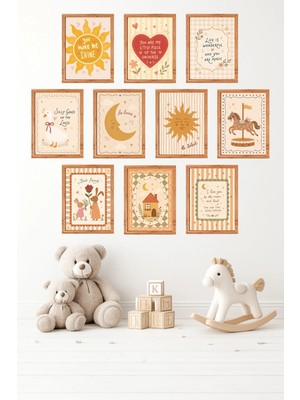 UNT 10'lu Çerçeve Görünümlü Pastel | Bebek Odası | Nursery, Minimalist, Vintage Tablo Seti 15X20 cm Mdf Uv Baskı
