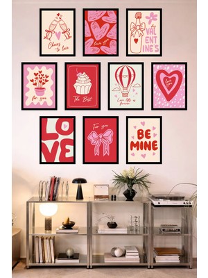 UNT 10'lu Çerçeve Görünümlü Love Temalı | Kırmızı Kalpli | Minimalist Tablo Seti 15X20 cm Mdf Uv Baskı