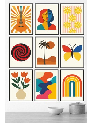 UNT Modern Retro Desenli 9’lu Mdf Tablo Seti 15X20 Uv Baskı Çerçeve Görünümlü