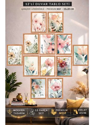 UNT Pastel Çiçek Temalı 12’li Mdf Duvar Tablo Seti – Modern Dekoratif Çerçeve Görünümlü 15X20 cm
