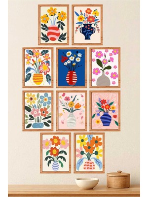 UNT 10’lu Çerçeve Görünümlü Çiçek Vazoları Tablo Seti– 15X20 cm Mdf Uv Baskı