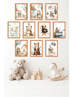 UNT 10'lu Çerçeve Görünümlü Ayıcık | Sevimli | Iskandinav | Nursery Tablo Seti 15X20 cm Mdf Uv Baskı