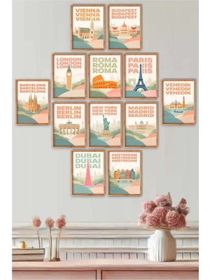 UNT Boho Tarz Dünya Şehirleri Mdf Tablo Seti – 12’li 15X20 cm Uv Baskı Duvar Dekoru