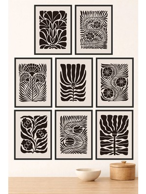 UNT Minimal Siyah Beyaz Çiçek Desenli 8’li Mdf Uv Baskı Tablo Seti – Modern & Bohem Duvar Dekoru