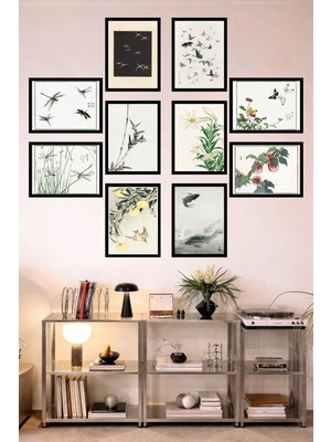 UNT 10'lu Çerçeve Görünümlü Feng Shui Japon Tarzı Minimal Tablo Seti – 15X20 cm Mdf Uv Baskı